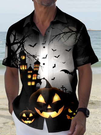 JoyMitty Scary Bat Pumpkin Print Men's Hawaiian Oversized Shirt with Pockets