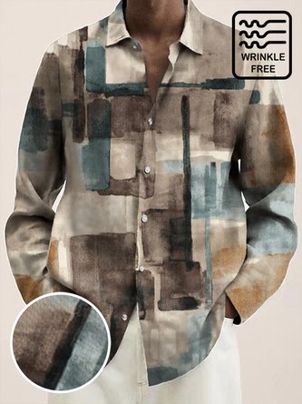 JoyMitty 50's Retro Mid-Century Geometric Khaki Men's Long Sleeve Shirt Stretch Oversized Aloha Camp Button Shirts