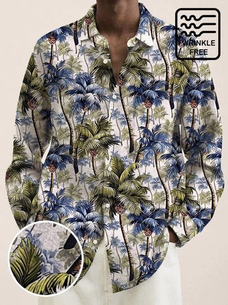 JoyMitty Vintage Art Floral Men's Long Sleeve Shirts Coconut Palm Tree Stretch Oversized Aloha Camp Button Shirts