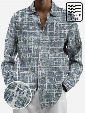 JoyMitty 50’s Vintage Check Blue Men's Casual Long Sleeve Shirts Stretch Wrinkle Free Seersucker Aloha Button Pocket Shirts