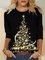 Christmas Xmas Gold Star Tree Fashion Plus Size Crew Neck Women Black Holiday Shirts & Tops