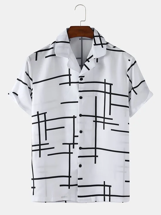 Men's shirt white cotton irregular lines plain loose thin short sleeves