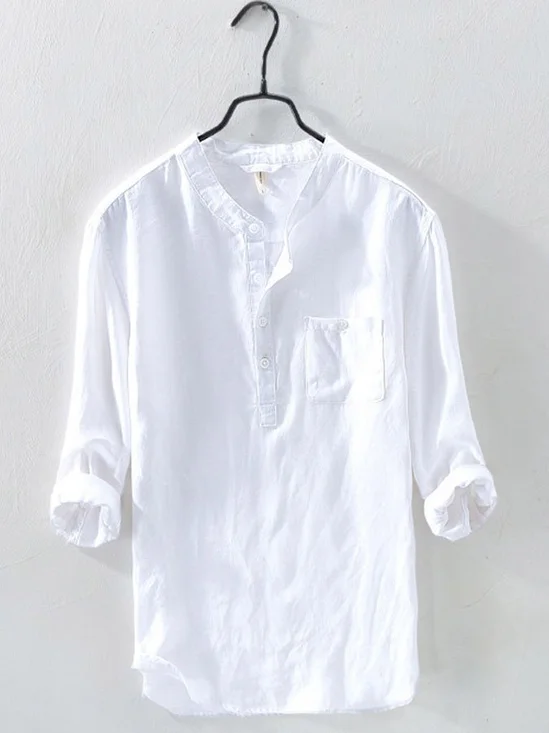 Men's casual linen white long sleeve shirt