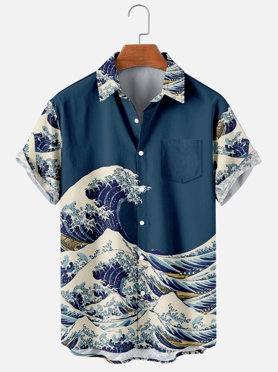 Mens Japanese Ukiyoe Print Round Hem Loose Short Sleeve Hawaiian Shirts