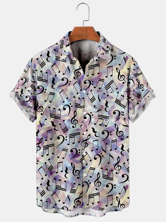 Vacation Leisure Music Element Musical Note Pattern Hawaiian Style Printed Shirt Top