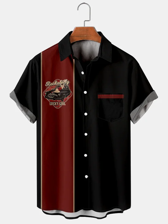 Mens Nascar Vintage Cars Print Casual Breathable Chest Pocket Short Sleeve Hawaiian Shirt