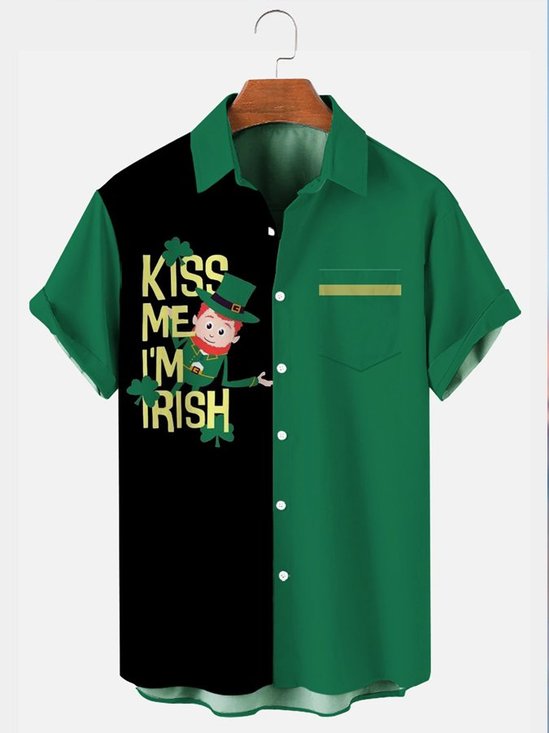 Men's Casual St. Patrick's Day Creative Design Short Sleeve Shirt With Pockets