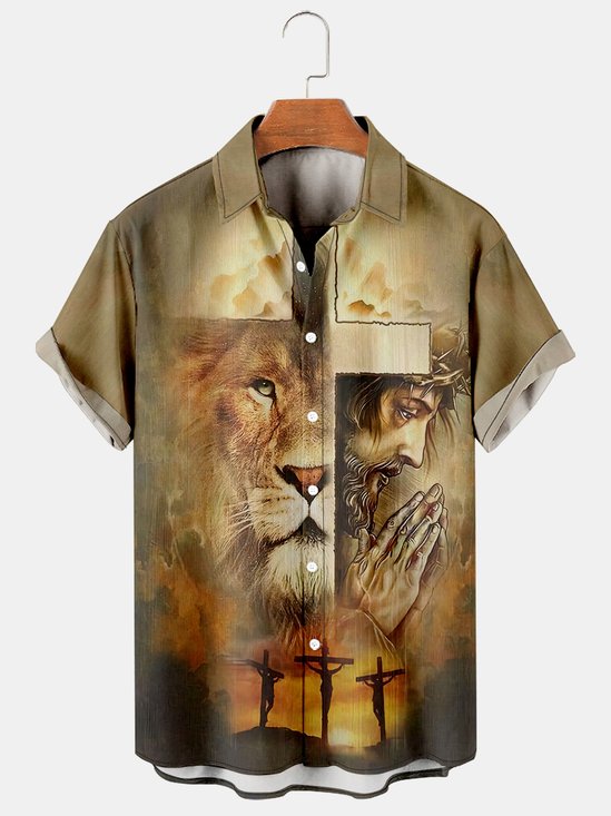 Mens Cross Print Casual Breathable Short Sleeve Shirt