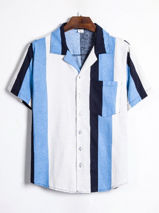 Men's Cotton Linen Striped Short Sleeve Shirt