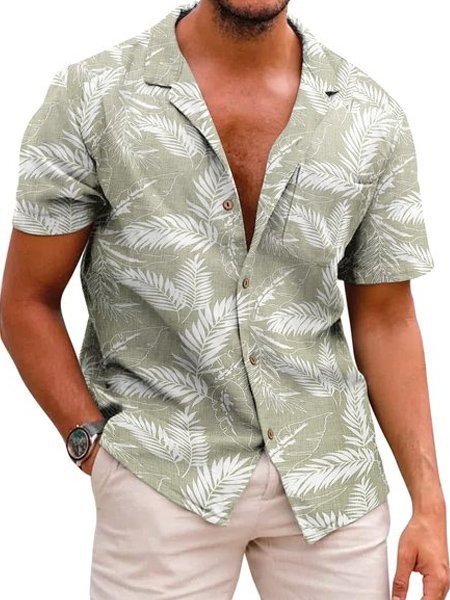 Men's Plain Cotton Linen Palm Leaf Loose Short Sleeve Shirt