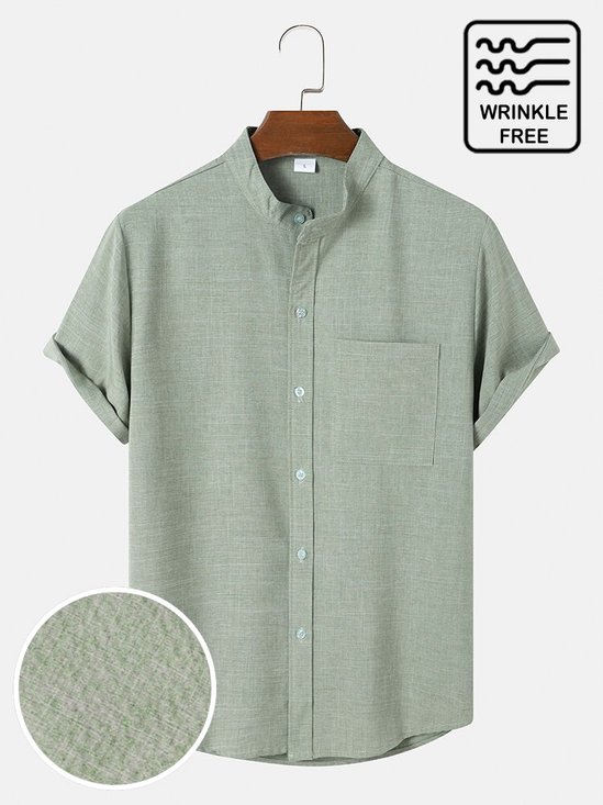 Men's Seersucker Wrinkle Free Casual Striped Stand Collar Shirts Plus Size Tops