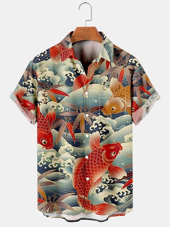 Men's Vintage Koi Transfer Print Short Sleeve Shirt