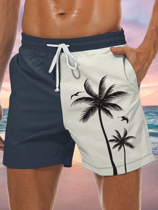 Men's Coconut Tree Pattern Contrast Print Casual Beach Shorts