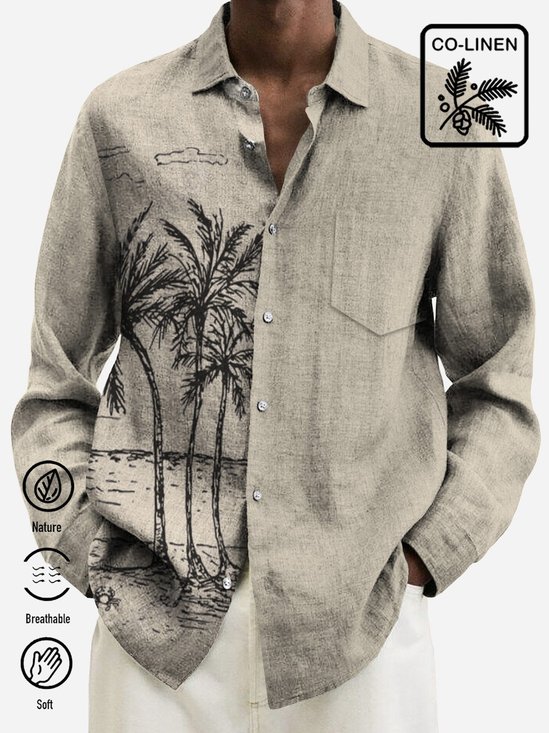 Cotton Linen Holiday Casual Long Sleeve Shirts Palm Tree Car Beach Plus Size Breathable Tops