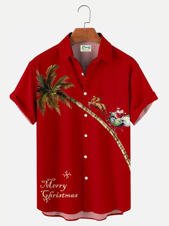 Men's Christmas Elk Coconut Tree Print Short Sleeve Hawaiian Shirt