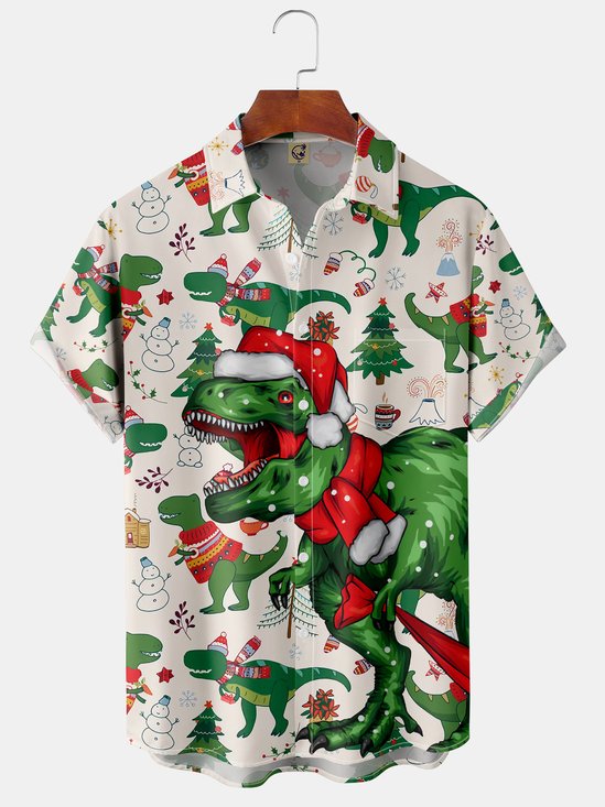 Men's Christmas Dinosaur Print Short Sleeve Hawaiian Shirt with Chest Pocket