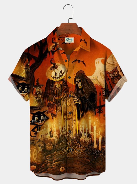 Men's Vintage Halloween Shirts Grim Reaper Black Cat Pumpkin Monster Aloha Wrinkle Free Shirts