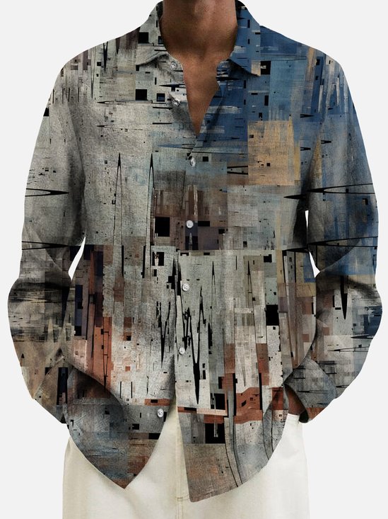 Men's Vintage Casual Long Sleeve Shirts Abstract Texture Cotton Linen Blend Plus Size Shirts