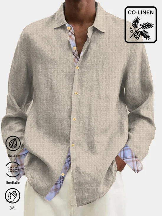 Cotton Linen Men's Holiday Check Panel Hawaiian Button Long Sleeve Shirt