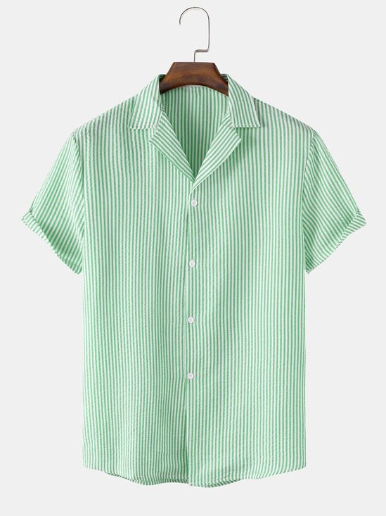 Men's Wrinkle Free Seersucker Striped Shirts Plus Size Casual Shirts