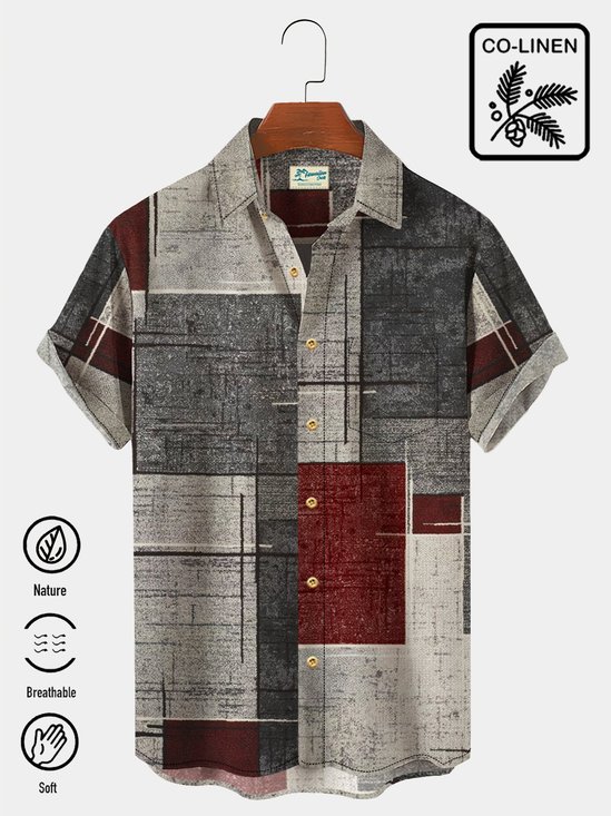 Cotton Linen Men's Holiday Geometric Texture Hawaiian Button Short Sleeve Shirt