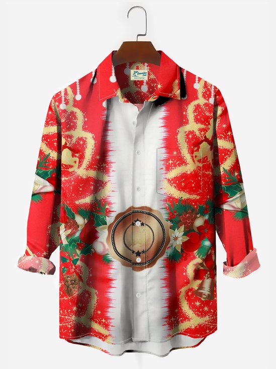 JoyMitty Men's Holiday Christmas Santa Hawaiian Long Sleeve Button Up Shirt