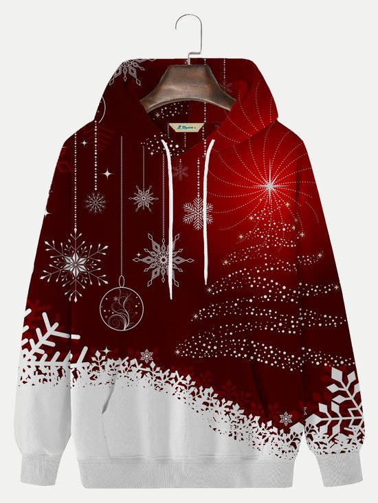  Men's Red Christmas Hoodie Snowflake Art Cotton Blend Plus Size Sweatshirt