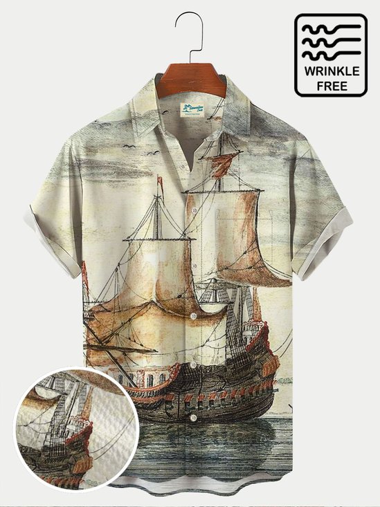  Men's 50‘s Vintage Aloha Shirts Nautical Sailing Art Painting Wrinkle Free Seersucker Oversized Hawaiian Shirts