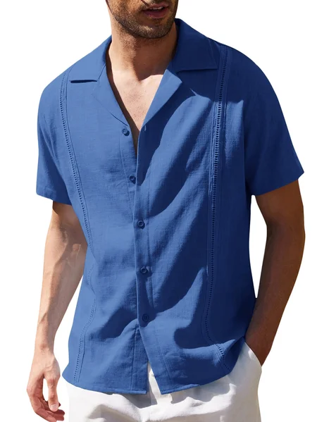 Plain Shirt Collar Cotton And Linen Short Sleeve Short Sleeve Shirt