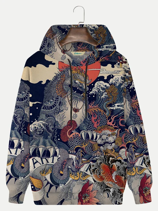  Men's Vintage Hoodies Japanese Ukiyo-e Art Cotton Blend Plus Size Sweatshirts