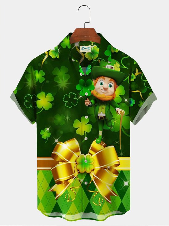   Vacation St. Patrick's Men's Hawaiian Shirts Clover Cartoon Easy Care Plus Size Shirts