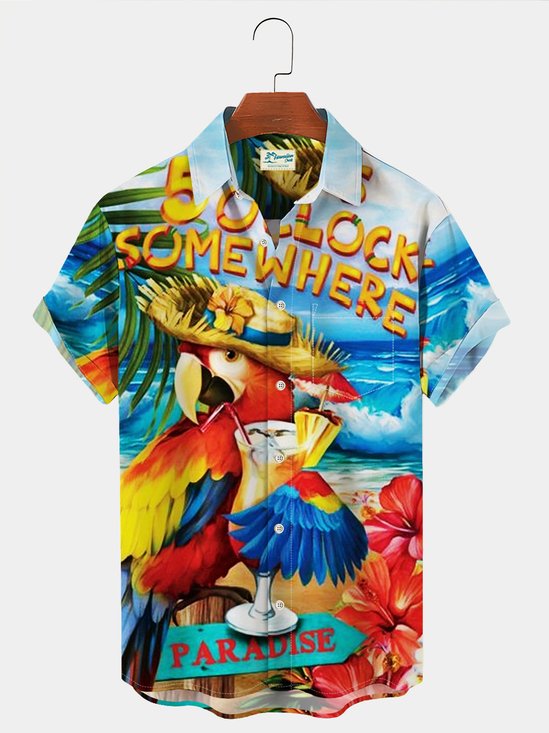  Holiday Beach Men's Hawaiian Shirts Parrot Cocktail Cartoon Stretch Oversized Aloha Shirts