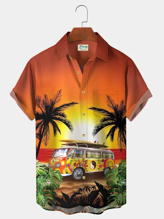  Sunset Ocean Sightseeing Bus Coconut Tree Breast Pocket Hawaiian Shirt Oversized Vacation Shirt