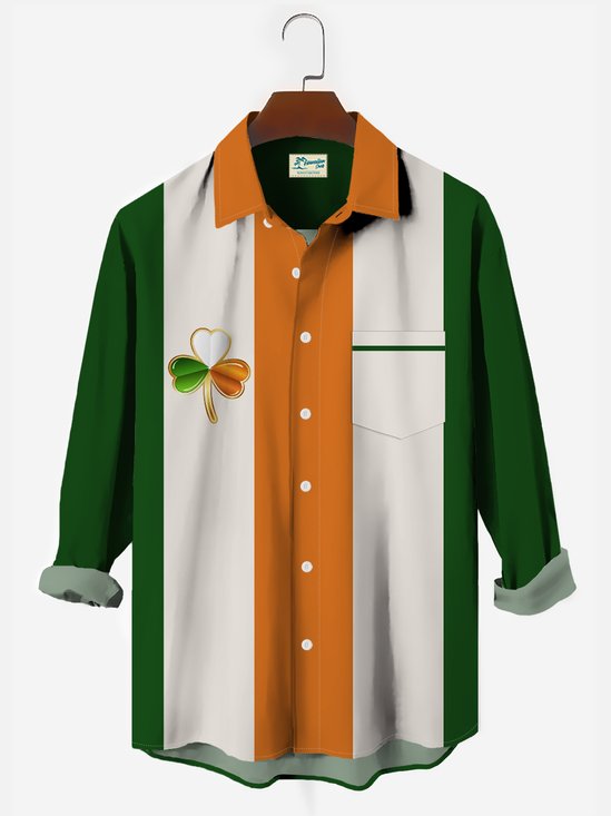 60's St. Patrick's Men's Long Sleeve Bowling Shirts Stretch Clover Stripe Art Oversized Button Camp Shirts