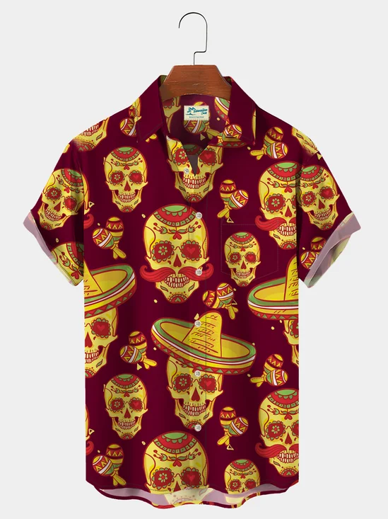 Cinco de Mayo Skull Straw Hat Print Chest Bag Shirt Plus Size Shirt