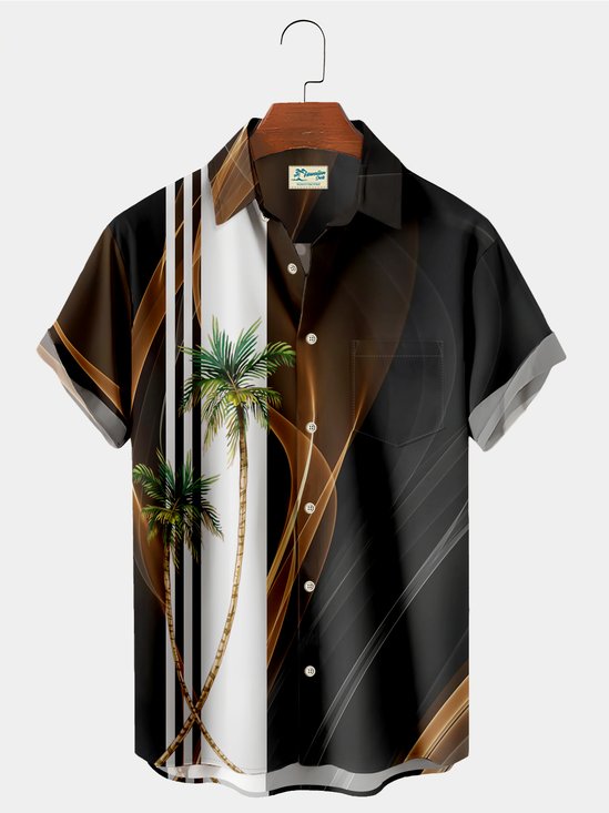  Vintage Hawaiian Coconut Tree Print Men's Black Chest Bag Shirt Plus Size Shirt