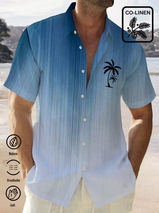  Men's Cotton Linen Gradual Texture Coconut Tree Print Chest Bag Shirt Plus Size Shirt