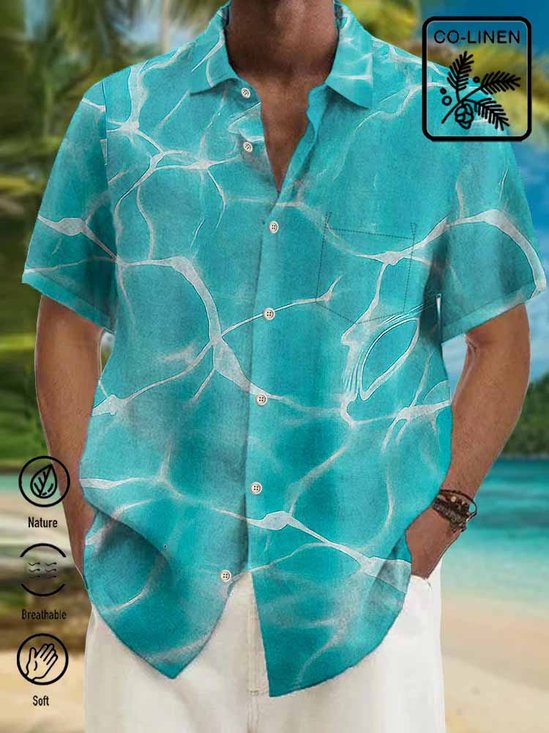 Royaura Cotton hemp Hawaiian blue wavy texture art men's button pocket shirt