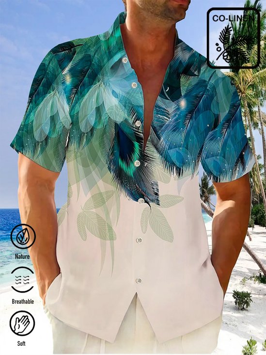  Cotton Linen Gradient Tropical Leaf Print Men's Vacation Beach Hawaiian Big & Tall Aloha Shirt