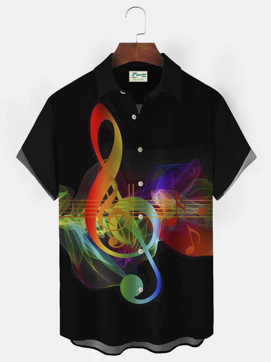 Mens Music Note Print Lapel Casual Loose Short Sleeve Hawaiian Shirt