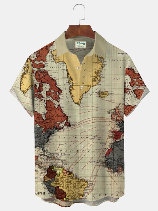 Men's Map Printed Shirts Abstract Retro Button-Down short-sleeved Tops