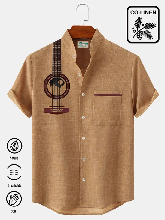 JoyMitty Vintage Musical Instrument Print Men's Stand Collar Button Pocket Shirt