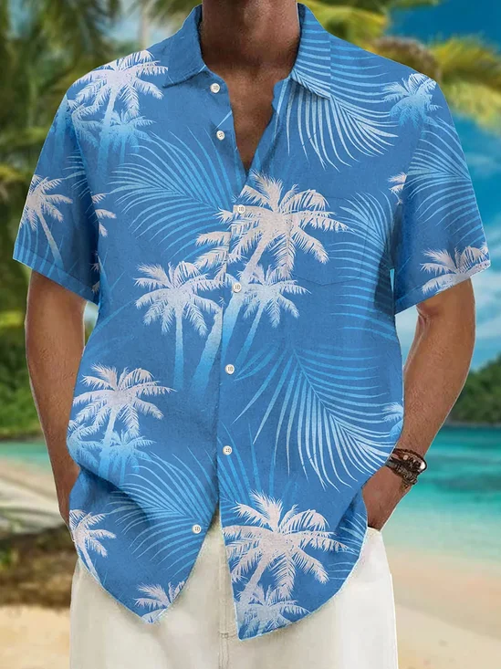 JoyMitty Hawaiian Coconut Tree Leaf Print Men's Button Pocket Shirt