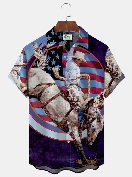 Royaura Vintage American Flag Horse Print Beach Men's Hawaiian Oversized Shirt With Pocket