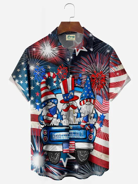 Flag Gnome Fireworks Print Men's Stand Collar Button Pocket Shirt