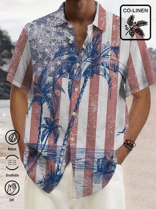  Vintage Cotton American Flag Coconut Tree Print Breast Pocket Shirt Plus Size Shirt