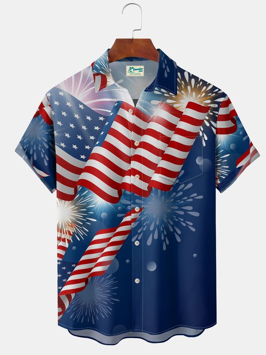Royaura Independence Day Holiday Men's Hawaiian Shirt Fireworks Art American Flag Aloha Plus Size Camp Pocket Shirts