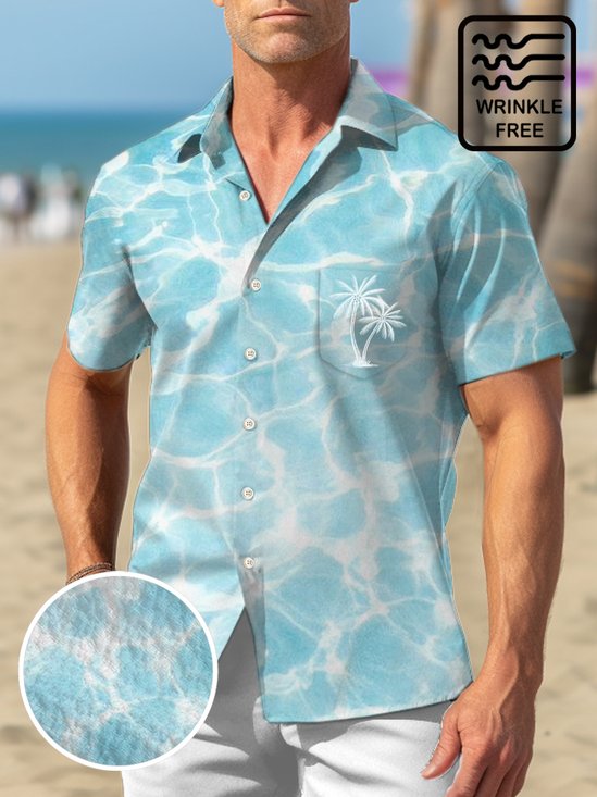 Water Ripple Print Beach Men's Hawaiian Oversized Shirt with Pockets Wrinkle Free Shirt