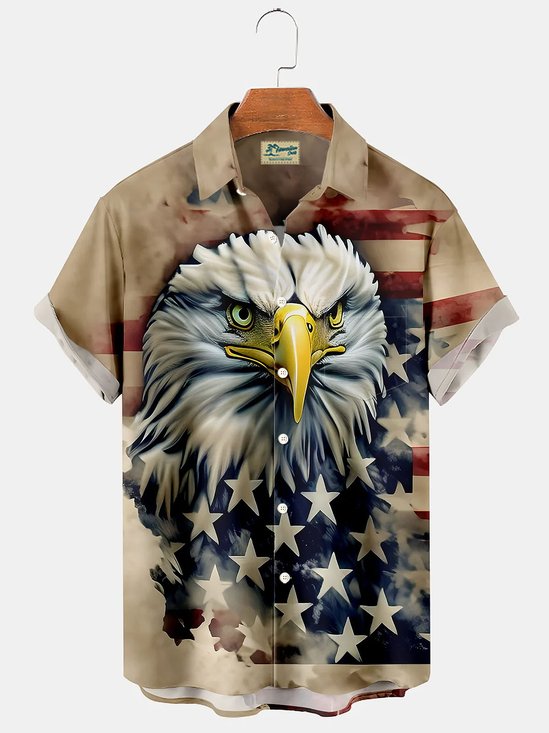 Royaura Vintage Flag Eagle Print Men's Button Pocket Shirt