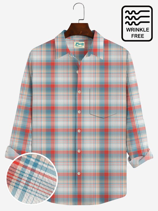 JoyMitty Vacation Casual Red Men's Seersucker Plaid Long Sleeve Shirts Wrinkle-Free Stretch Large Size Camp Pocket Shirts